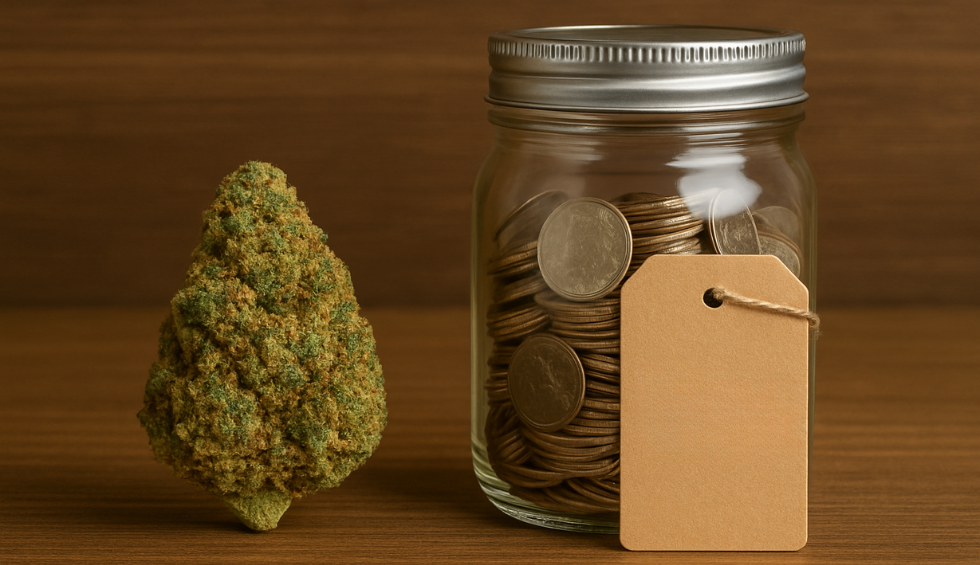 Cannabis bud placed beside a jar full of coins with a blank price tag, symbolizing transparent pricing for cheap online weed