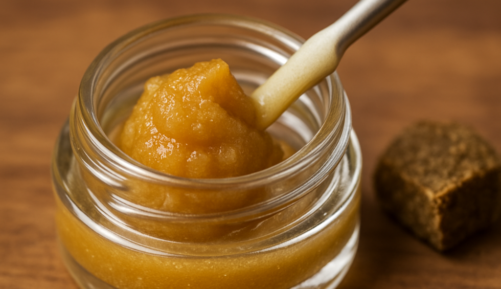 Close-up of golden cannabis rosin in a glass jar with a dab tool, illustrating different textures and types of rosin concentrates