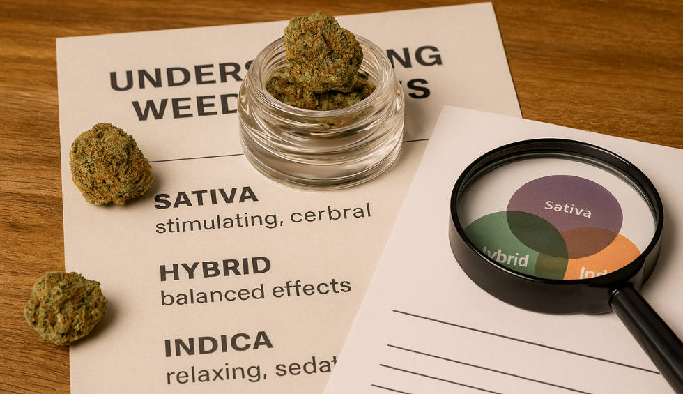 Magnifying glass, cannabis buds, and chart breaking down different strains of weed—Sativa, Indica, and Hybrid—with effects