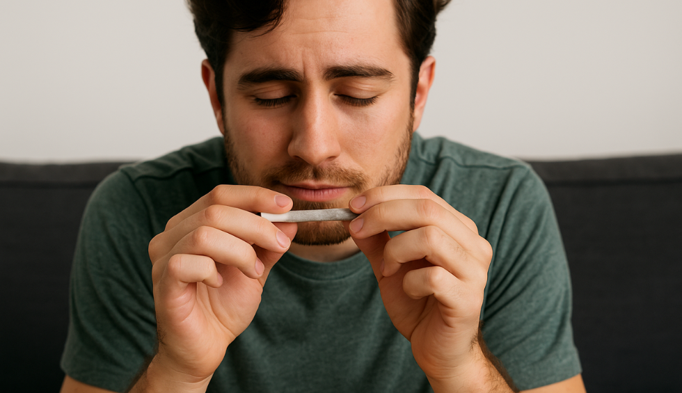 Man inspecting a joint for uneven distribution, emphasizing the importance of balance when learning how to roll a joint