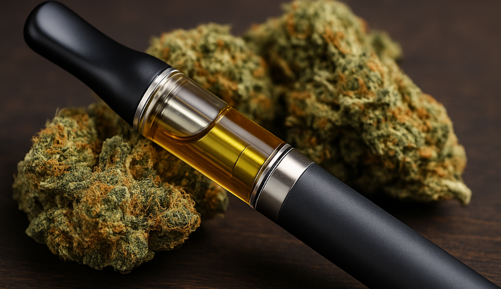 Close-up of a vape pen and cannabis buds showcasing how vape pens deliver potent, flavourful highs