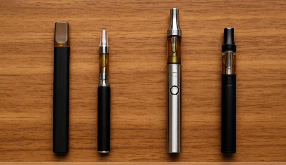 Four different vape pen styles lined up on a wooden surface, showing various types to match different user lifestyles