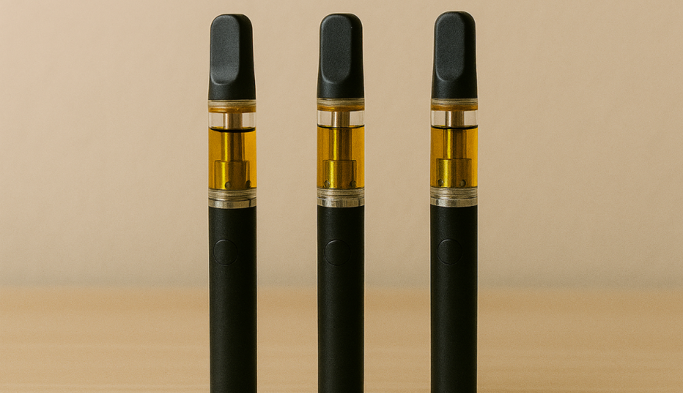 Three cannabis vape pens filled with golden oil, representing popular vape options available on canna online stores