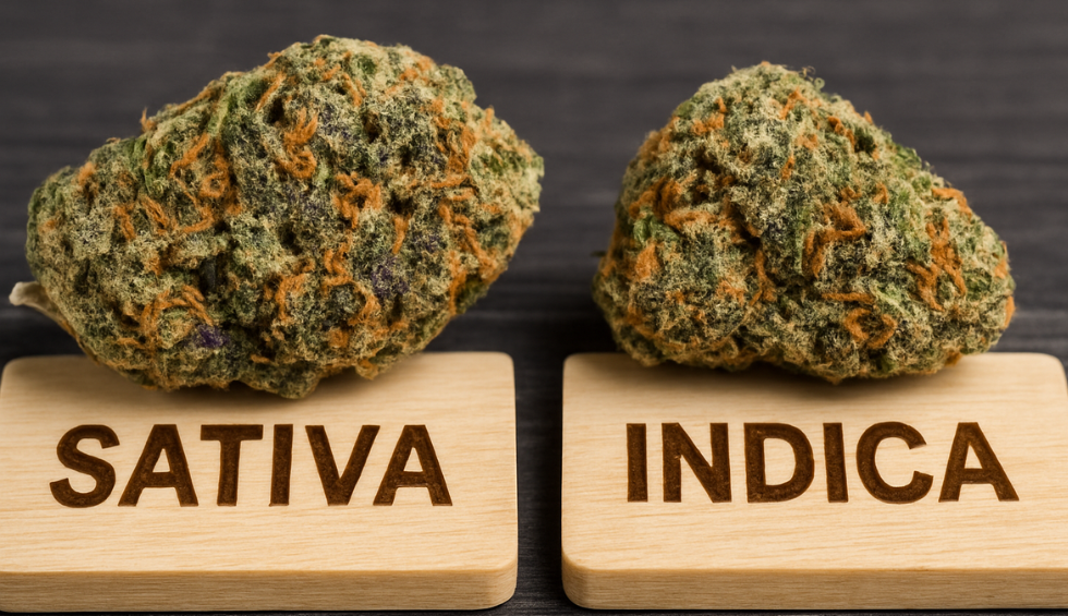 Side-by-side comparison of cannabis buds labeled Sativa and Indica, exploring the Wedding Cake strain classification