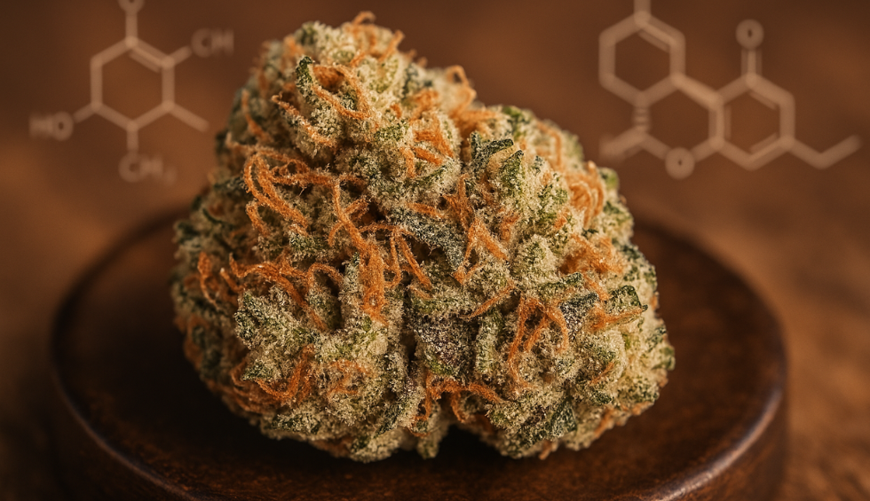 Macro image of the Wedding Cake strain highlighting its frosty trichomes and terpenes with chemical structures in the background