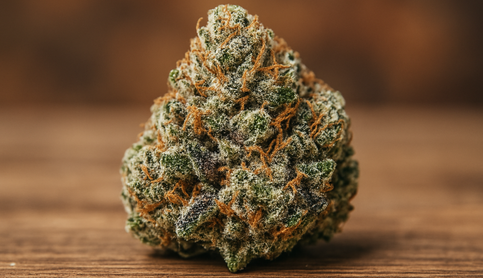 Close-up of a frosty cannabis bud showcasing the dense trichomes of the Wedding Cake strain