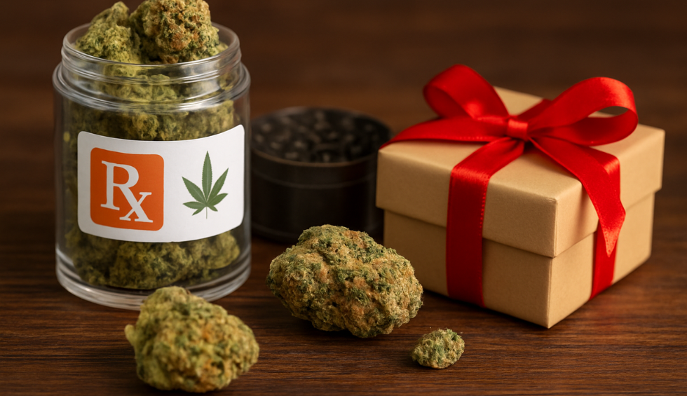 A jar labeled with a cannabis Rx symbol and a gift box with a red ribbon, representing deals from a Canadian discount dispensary