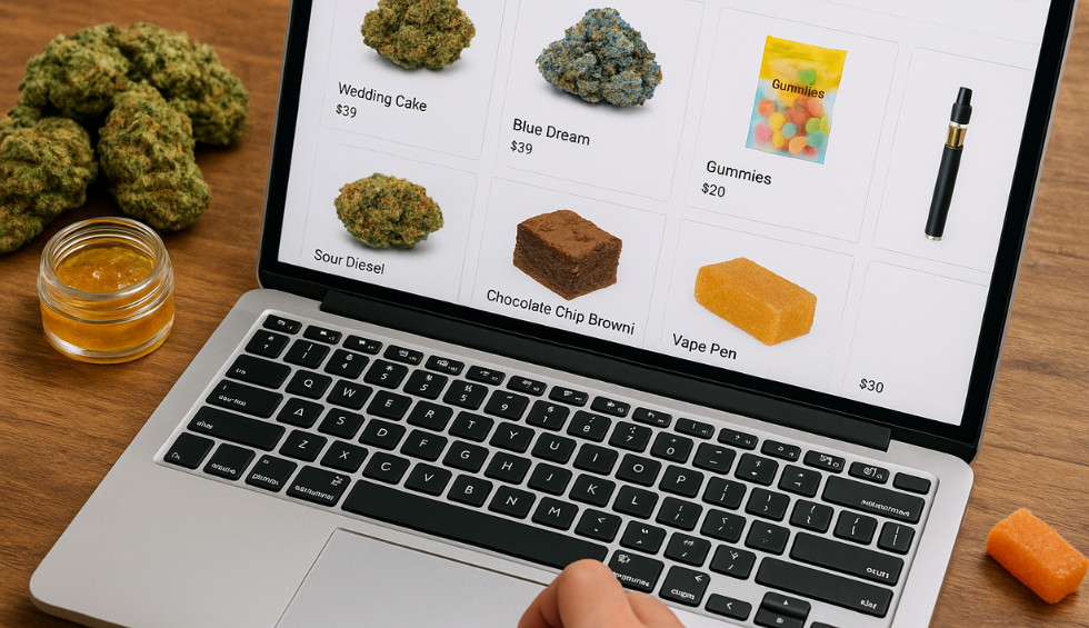 Person browsing weed online shopping site showing deals on bud, edibles, and vapes like Sour Diesel and gummies