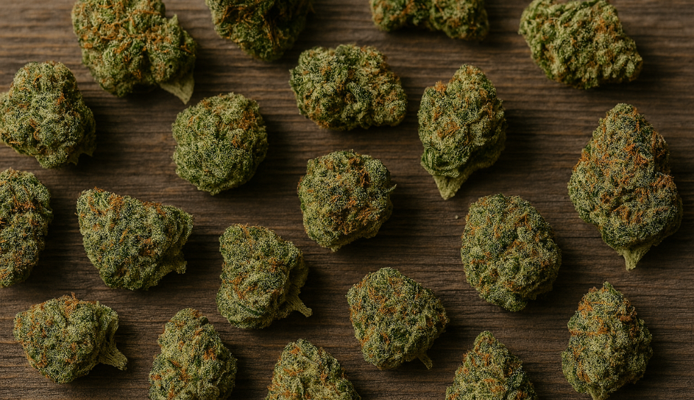 Various weed strains scattered on wooden surface, representing different cannabis options for choosing the right high and mood