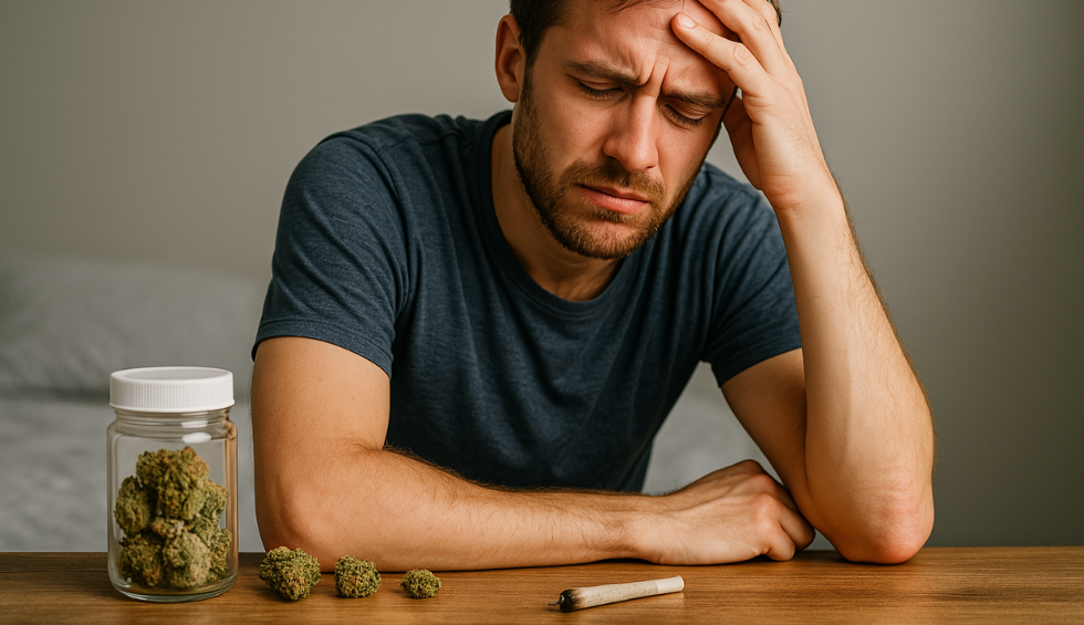 Man with a headache next to cannabis buds and joint, showing signs of weed withdrawal symptoms