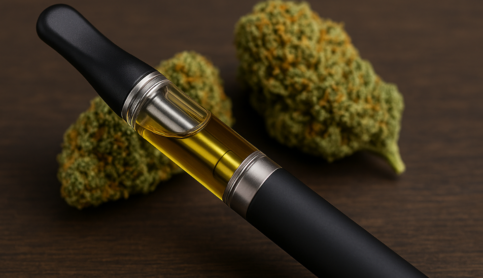 Vape pen with cannabis buds in background, illustrating how vape pens heat oil to produce vapor for inhalation