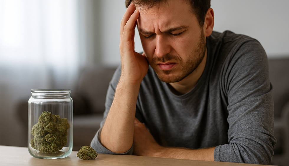 Man holding head in discomfort beside a jar of cannabis, depicting weed withdrawal symptoms