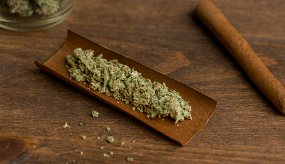 Close-up of a blunt wrap filled with ground cannabis, next to a rolled blunt on a wooden surface