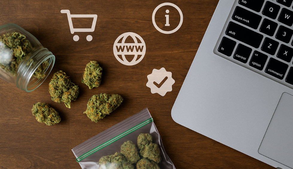 Cannabis buds beside a laptop with shopping and info icons, symbolizing features of trusted pot sites in Canada