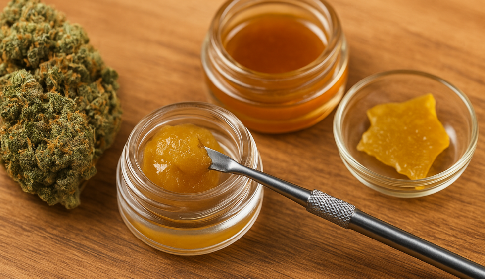 Cannabis flower and various concentrates in jars with dab tool, showing product variety at an online dispensary in Vancouver