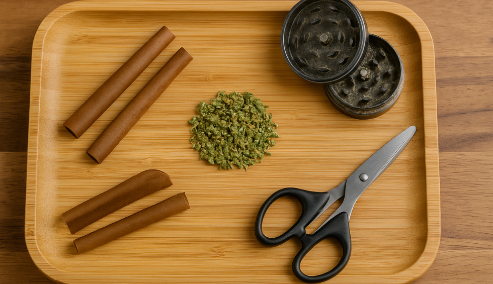 Rolling tray with blunt wraps, cannabis grinder, ground weed, and scissors arranged for preparing a blunt
