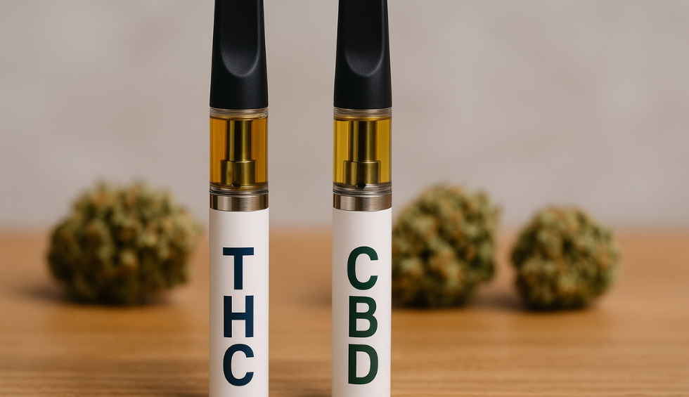 Two labeled vape pens for THC and CBD, highlighting the main types of cannabis oils used in vape pens