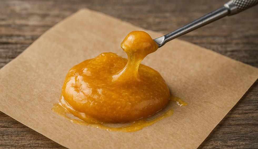 Golden cannabis rosin being stretched with a dab tool on parchment paper, showing its sticky texture and solventless purity