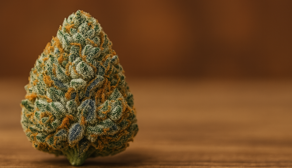 Macro shot of a dense Wedding Cake strain cannabis bud with frosty trichomes and orange hairs on a wooden surface
