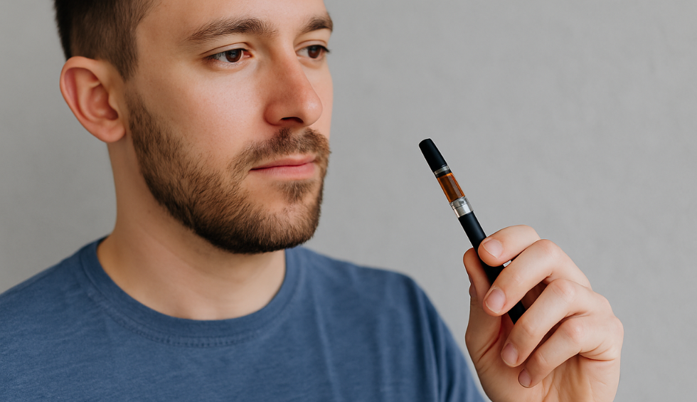 Man examining a weed vape pen closely, representing key factors to consider when choosing a vape pen