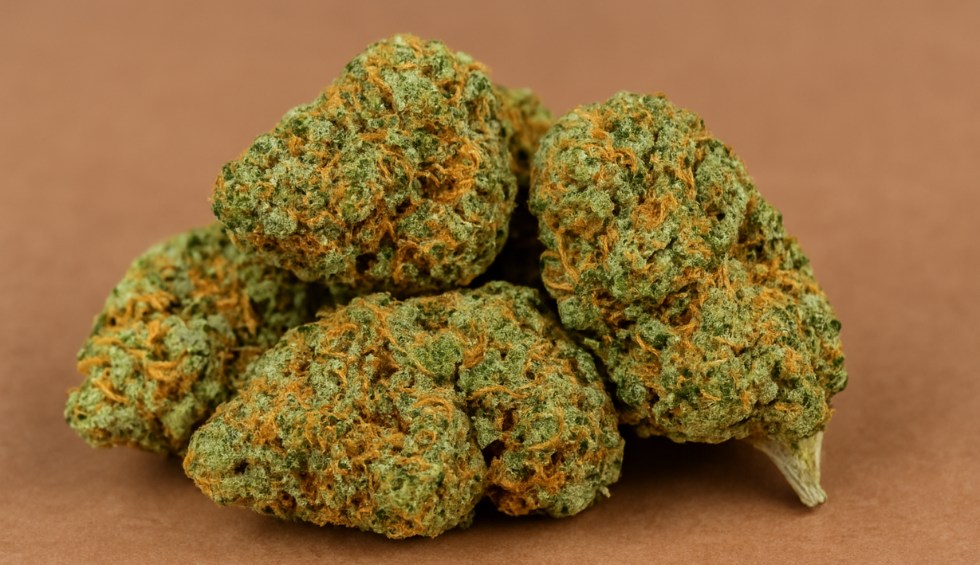 Close-up of cannabis buds on a brown background, illustrating affordable weed options from a discount dispensary in Canada