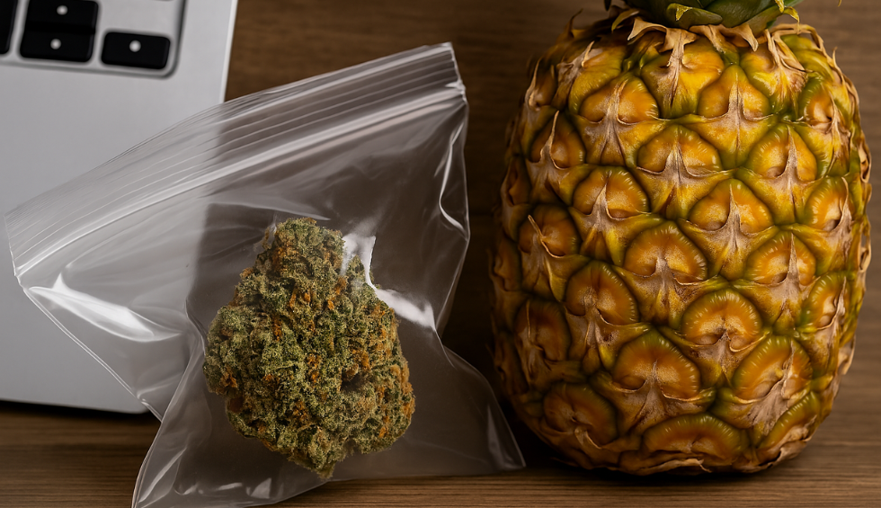 Pineapple Express strain bud in a zip bag beside a pineapple and laptop, symbolizing online purchase in Canada