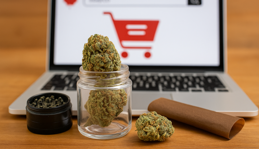 Blunt wrap, cannabis, and grinder near laptop with cart icon showing where to buy blunt supplies online in Canada