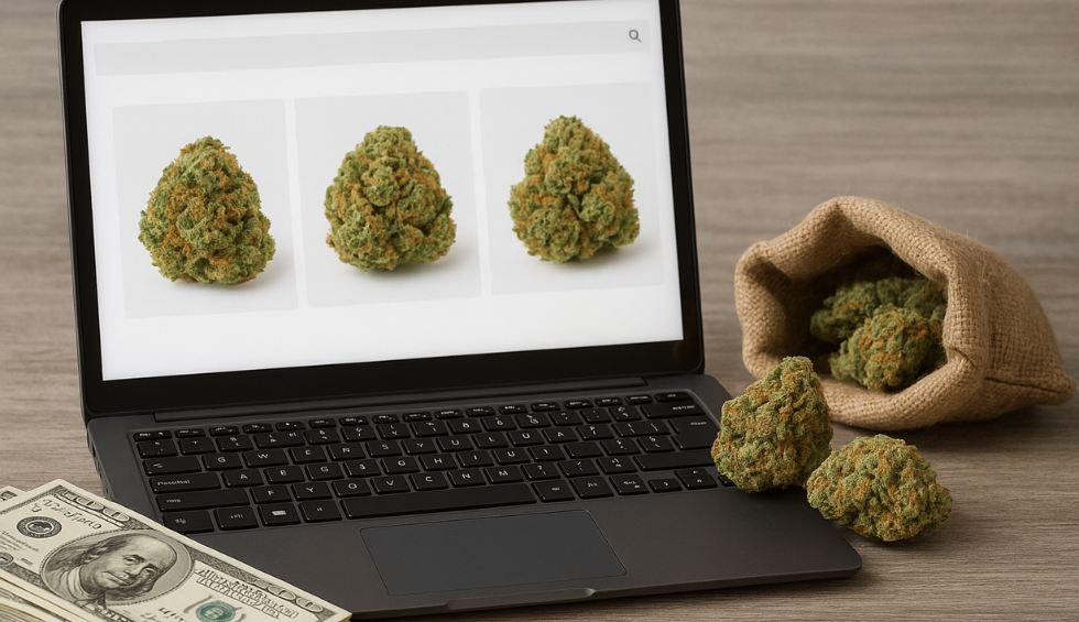 Laptop screen showing cannabis buds for sale, representing where to buy the Wedding Cake strain online in Canada