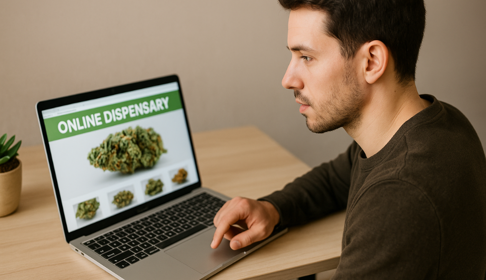 Man browsing online dispensary in Vancouver on laptop, exploring cannabis products and purchase eligibility