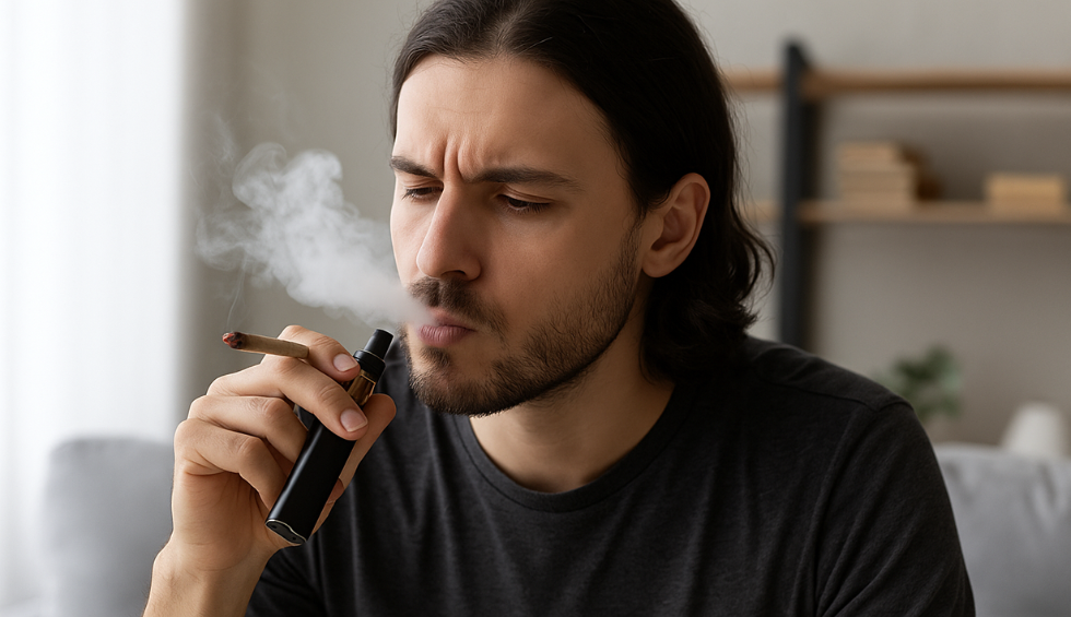 Man using a vape and smoking a joint simultaneously indoors, illustrating heavy cannabis use and potential for weed withdrawal symptoms