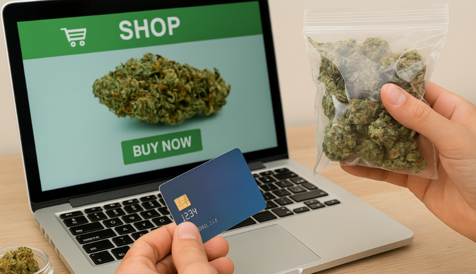 Person holding a credit card and cannabis pouch while shopping online, highlighting the ease and appeal of using pot sites