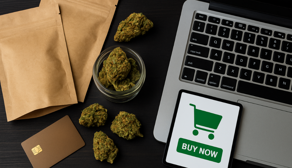 Cannabis buds, packaging, and a laptop with a “Buy Now” screen, representing online purchases from a Canadian discount dispensary