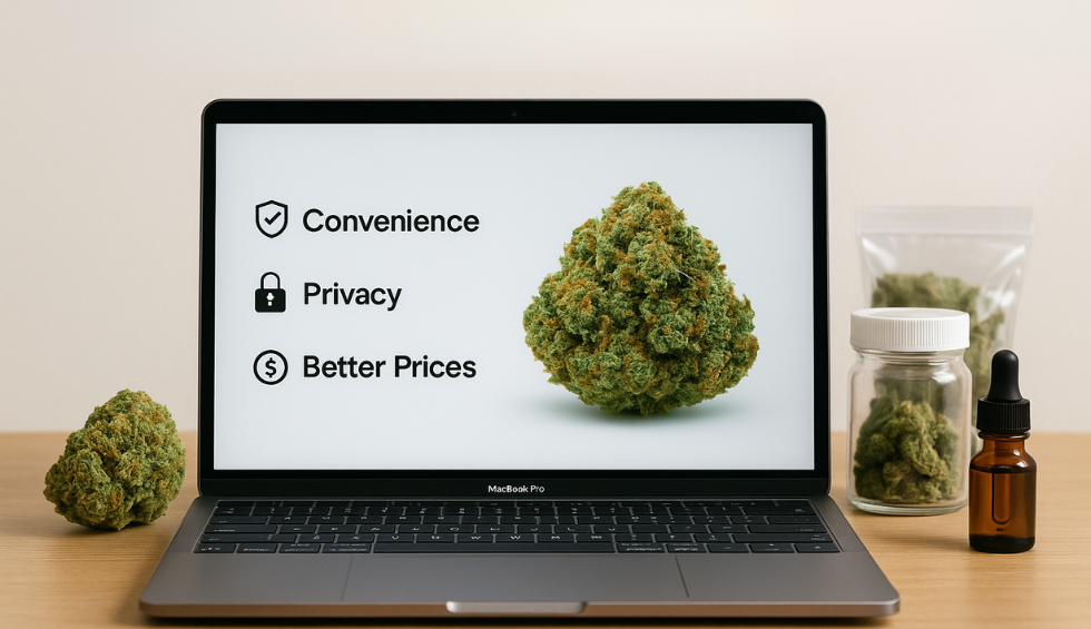 Laptop screen showing benefits of buying from the best Canadian online dispensary: convenience, privacy, and better prices