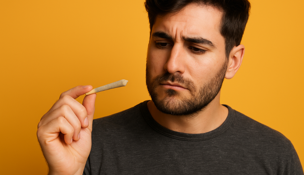 Man examining a joint with concern, highlighting the importance of learning how to roll a joint properly