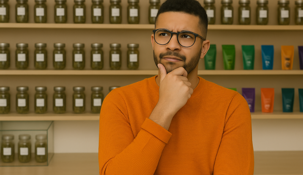 Man thinking inside a cannabis dispensary, surrounded by neatly arranged jars and colorful product packaging on shelves