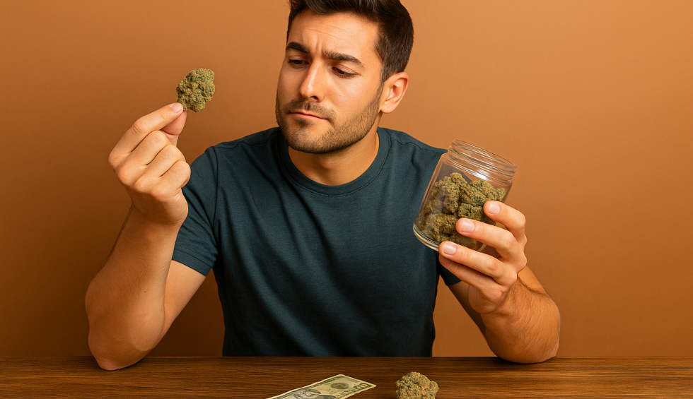 A man examining a cannabis bud while holding a jar, with money on the table, symbolizing smart shopping at a discount dispensary