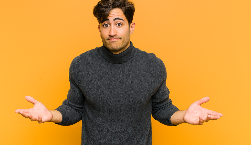 Confused man shrugging against orange background, representing questions about buying online pot from BC