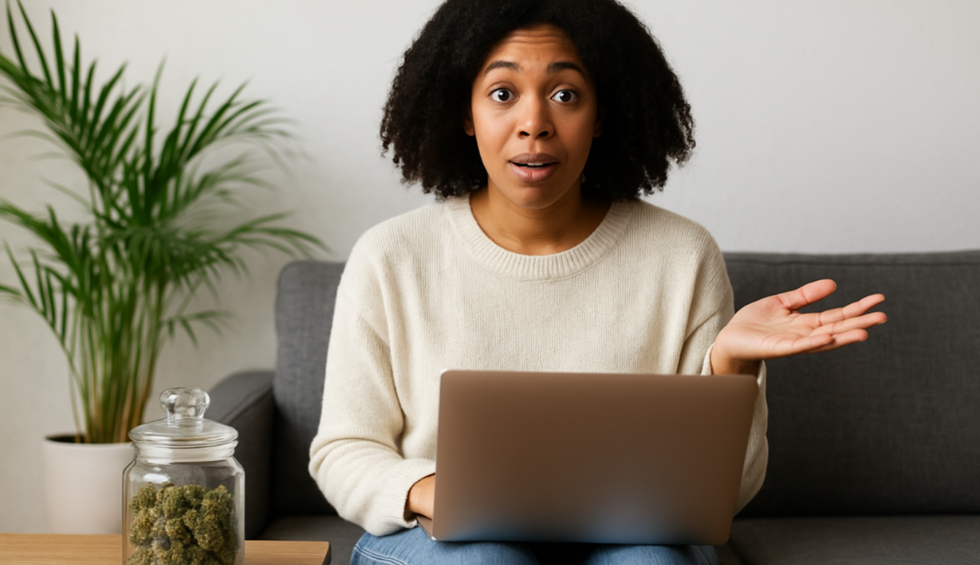 Woman browsing on laptop with a surprised expression, sitting next to a large cannabis jar at home, exploring an online dispensary