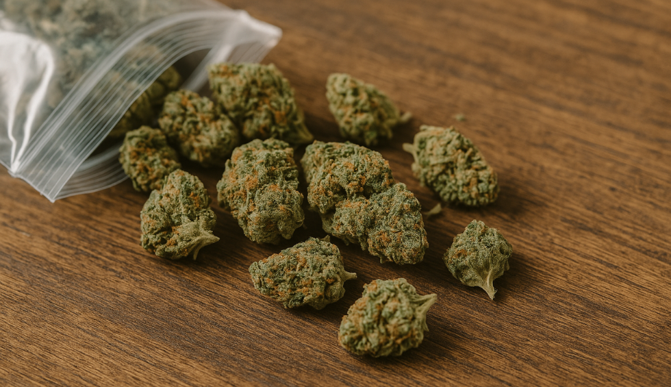 Cannabis buds spilled from a plastic bag onto a wooden surface, representing ignoring the quality of the product