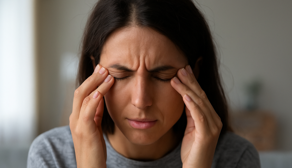 Woman pressing her temples with eyes closed, showing discomfort and possible adverse reaction symptoms