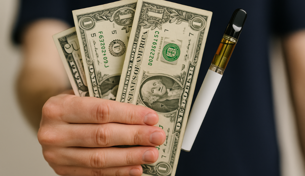 Hand holding cash and a disposable dab pen, symbolizing the affordability of bulk vape purchases in Canada