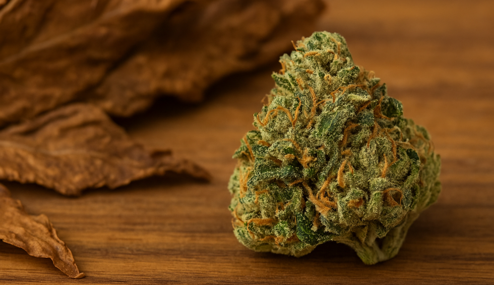 Nuken cannabis bud with orange hairs and frosty trichomes, placed on a wooden surface near dried leaves