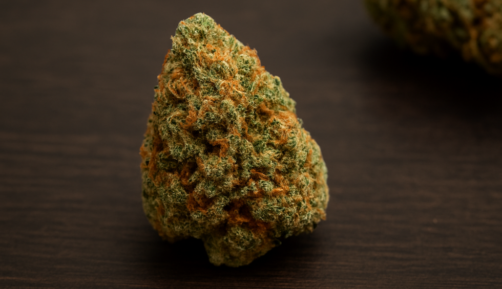 Cannabis bud with vibrant orange hairs and a pungent appearance, representing potent gas strains