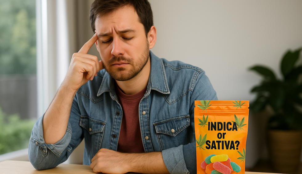 Man thinking with a cannabis edibles bag labeled "Indica or Sativa?" placed on a table in front of him