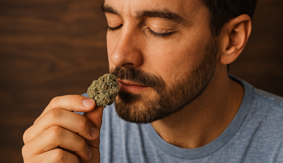 Man smelling cannabis bud to explore Ice Cream Cake strain’s rich aroma and flavour profile