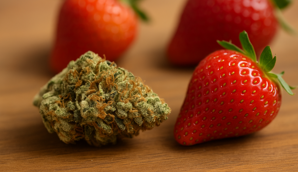 Strawberry Cough cannabis bud beside fresh strawberries, highlighting its sweet, fruity aroma and flavour profile
