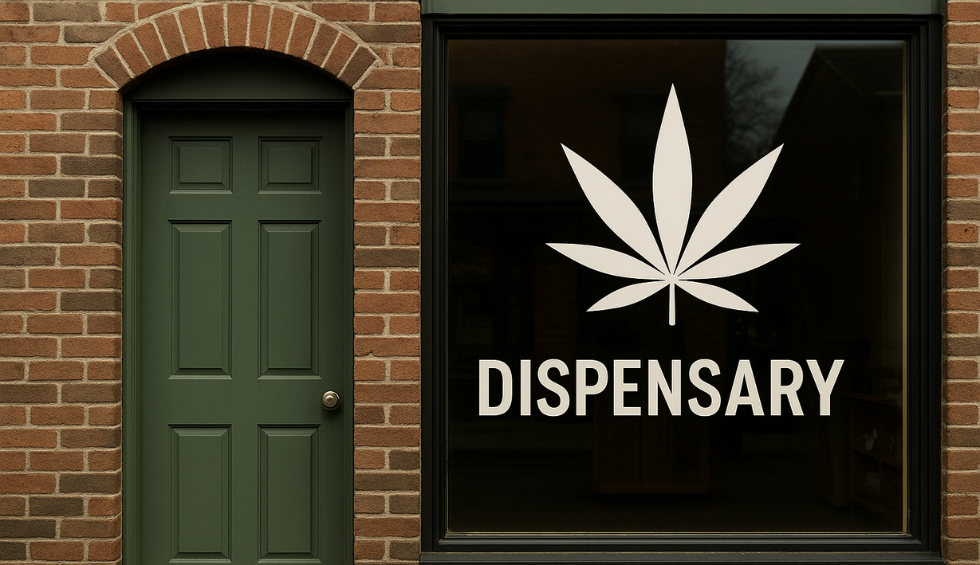 Exterior of a cannabis dispensary with a large marijuana leaf graphic and the word “Dispensary” on the front window