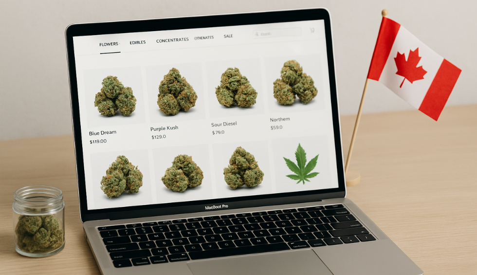 Laptop showing BC cannabis dispensary menu with strains and prices beside a Canadian flag