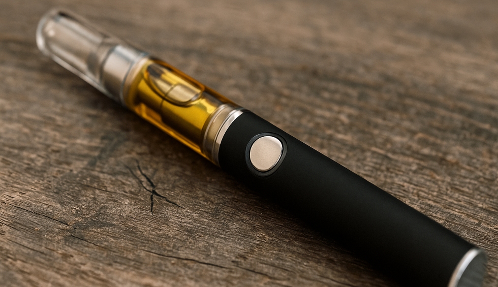 Close-up of a black disposable dab pen with golden oil, highlighting battery life and performance