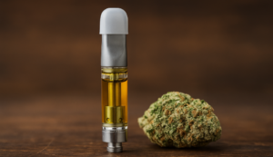 Close-up of a live resin vape cartridge and cannabis flower on wooden surface – best live resin carts in Canada
